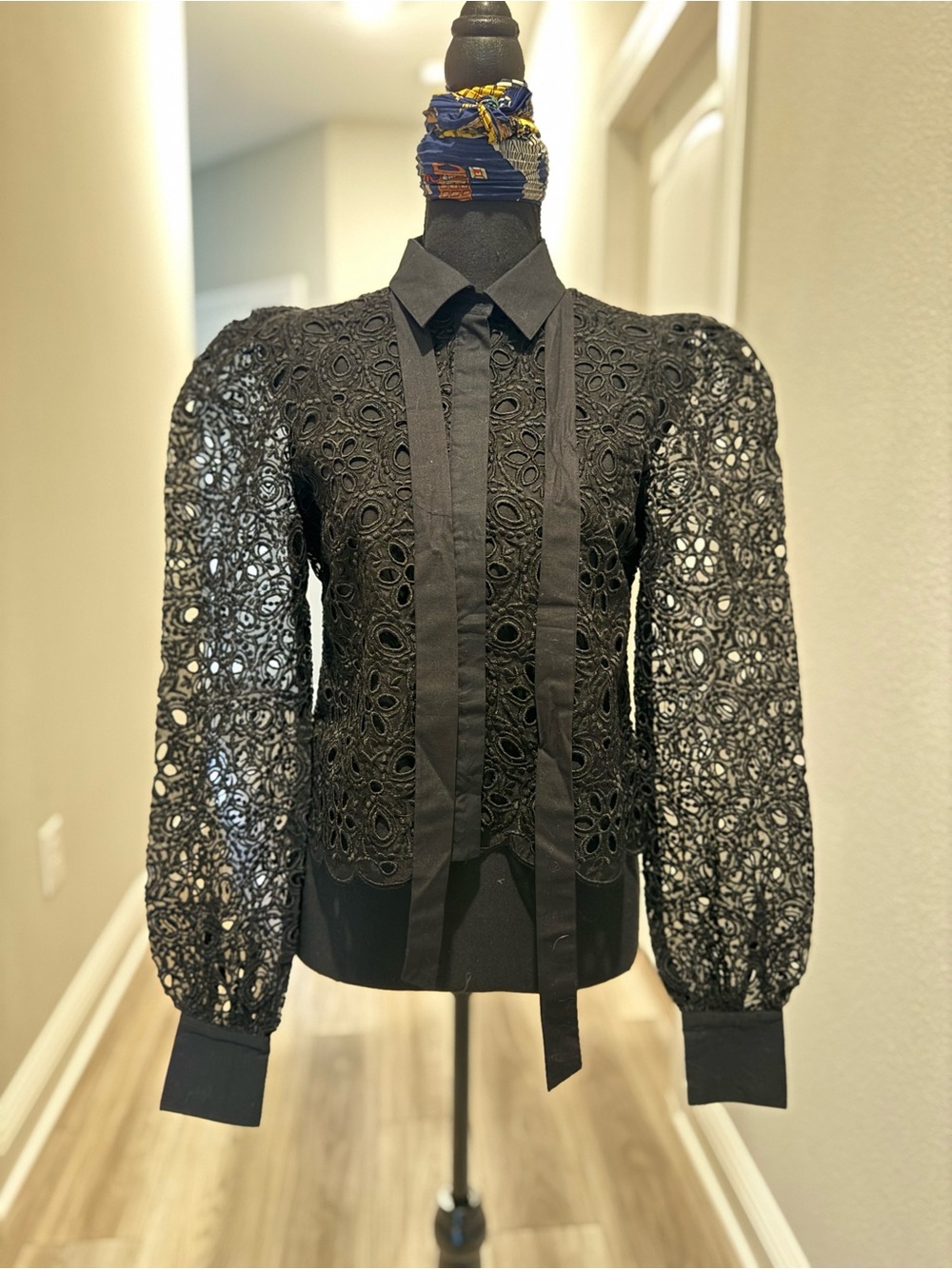 Express Black Lace Tie-Neck Puff Sleeve Blouse